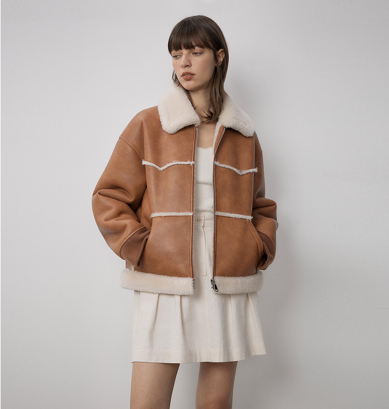 "Makino's Fun" Revers-Woll-Kunstleder-Shearling-Jacke – Kurzer Stil