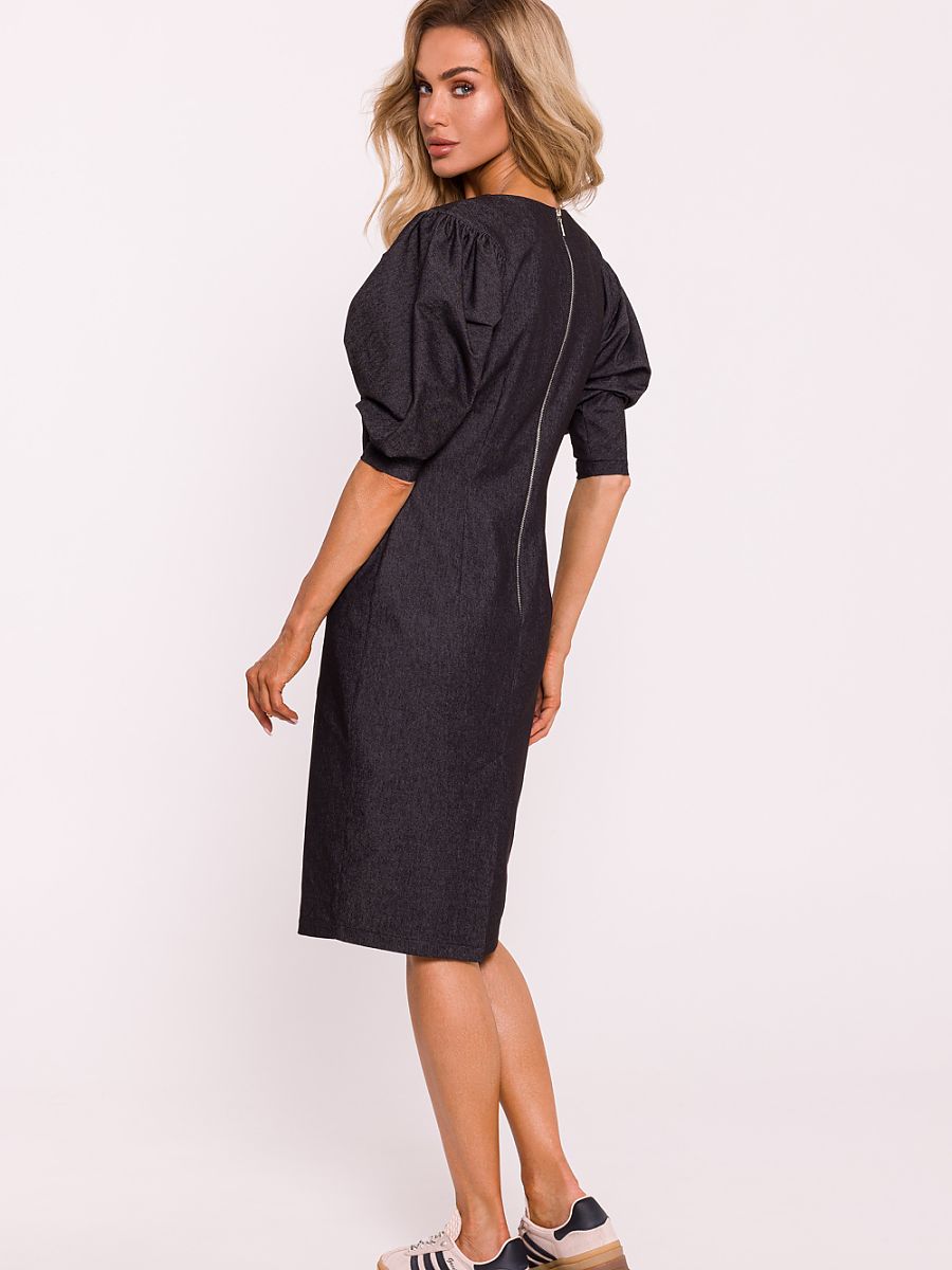 Pencil-Kleid mit Puffschultern und Metallreißverschluss von Moe