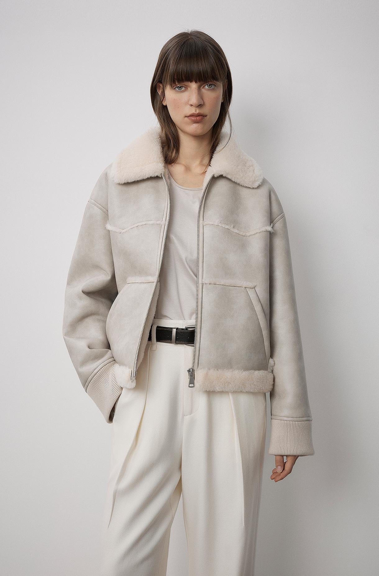 "Makino's Fun" Revers-Woll-Kunstleder-Shearling-Jacke – Kurzer Stil
