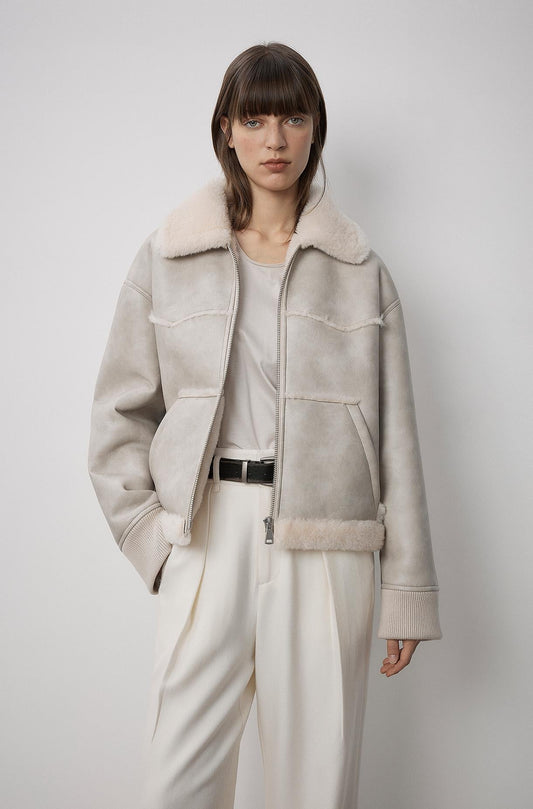 "Makino's Fun" Revers-Woll-Kunstleder-Shearling-Jacke – Kurzer Stil
