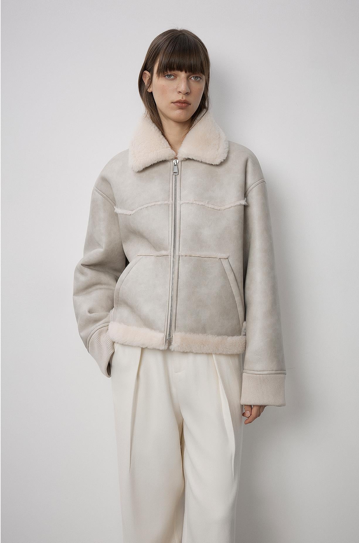 "Makino's Fun" Revers-Woll-Kunstleder-Shearling-Jacke – Kurzer Stil