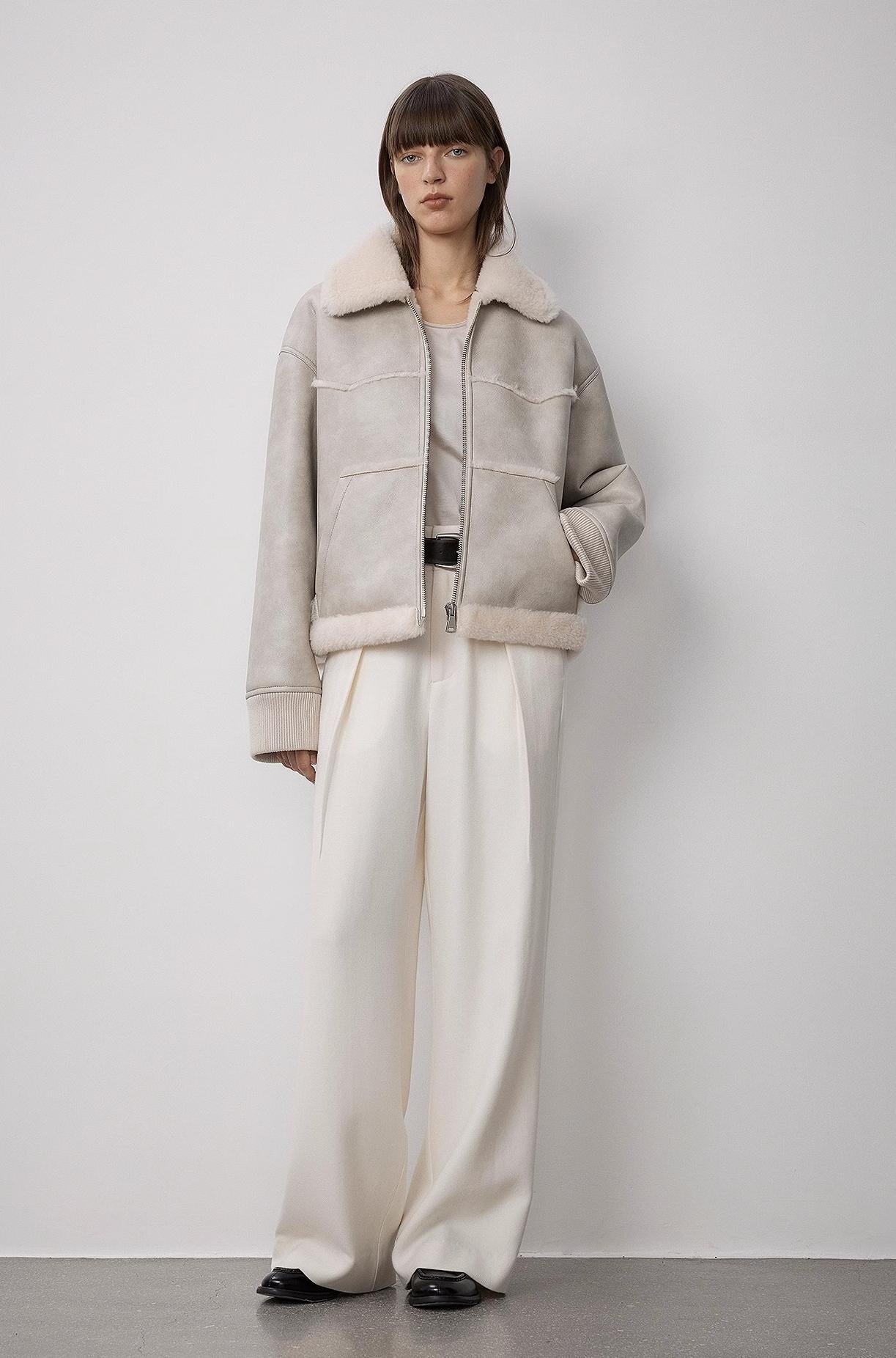 "Makino's Fun" Revers-Woll-Kunstleder-Shearling-Jacke – Kurzer Stil