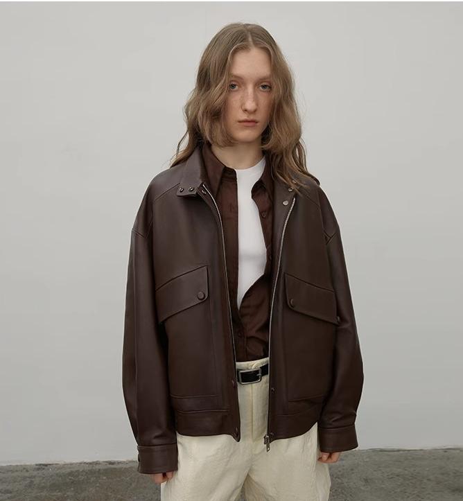 "Loveless Muse" Braune Retro Echtleder-Motorradjacke – Kurze Damen-Schaflederjacke