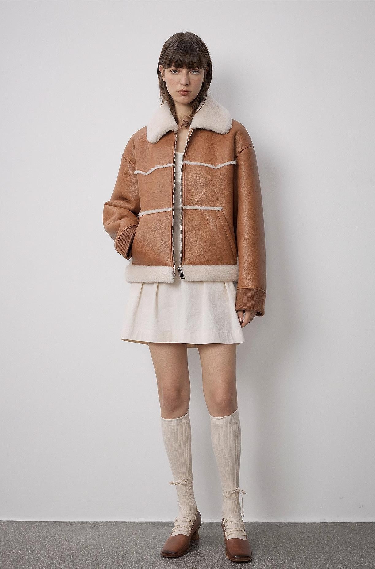 "Makino's Fun" Revers-Woll-Kunstleder-Shearling-Jacke – Kurzer Stil