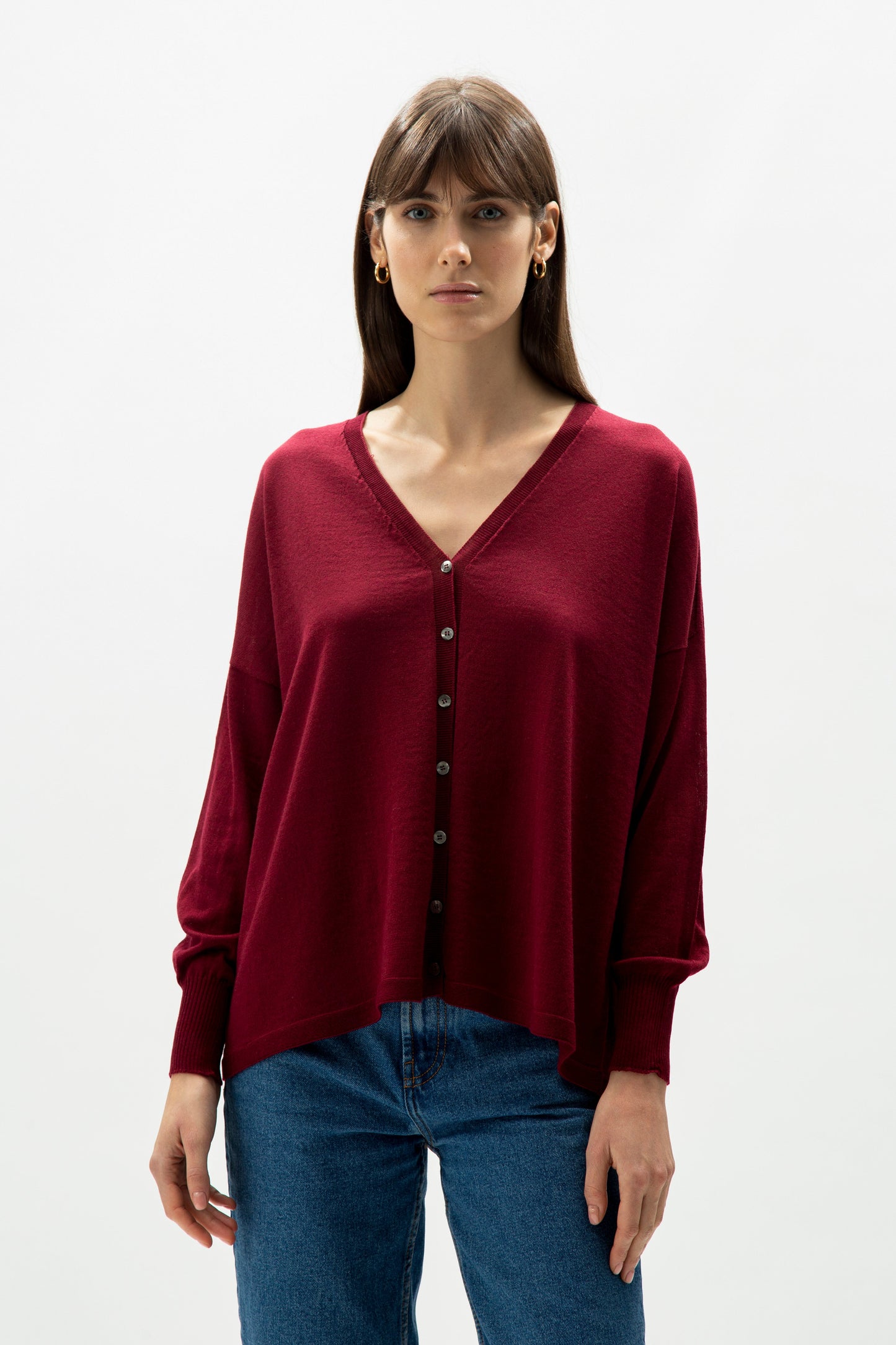 Extrafeiner Merino-Woll-Cardigan mit V-Ausschnitt – Oversized (3D-Strick)