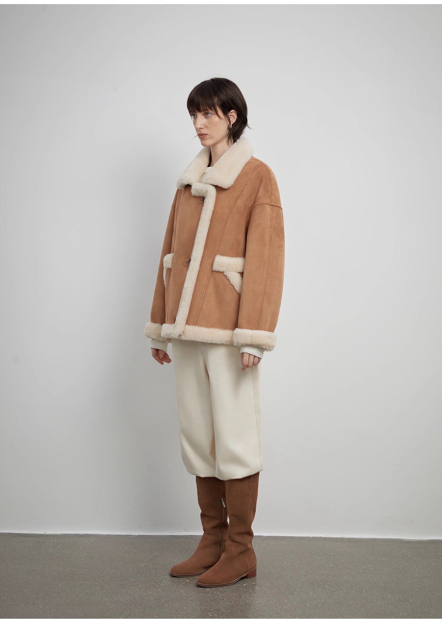 "Shepherds" Revers Biker-Stil Woll-Kunstwildleder Lammfellmantel – Damen