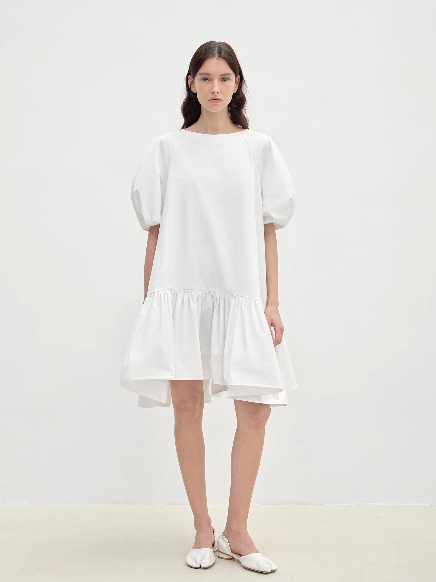 "Ailande" Rundhals-Puffärmel-Kleid – Elegantes Damenkleid aus Langstapelbaumwolle