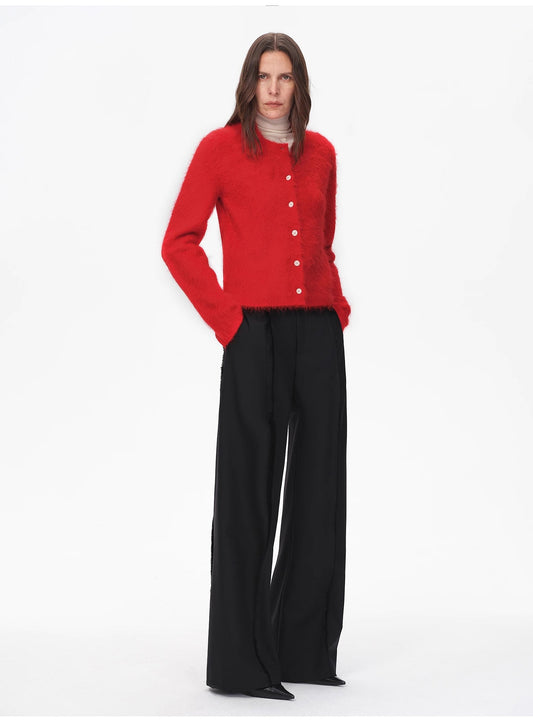 Albaca-Alpaka gebürstete Rundhals-Strickjacke – Kurze Damen-Cardigan
