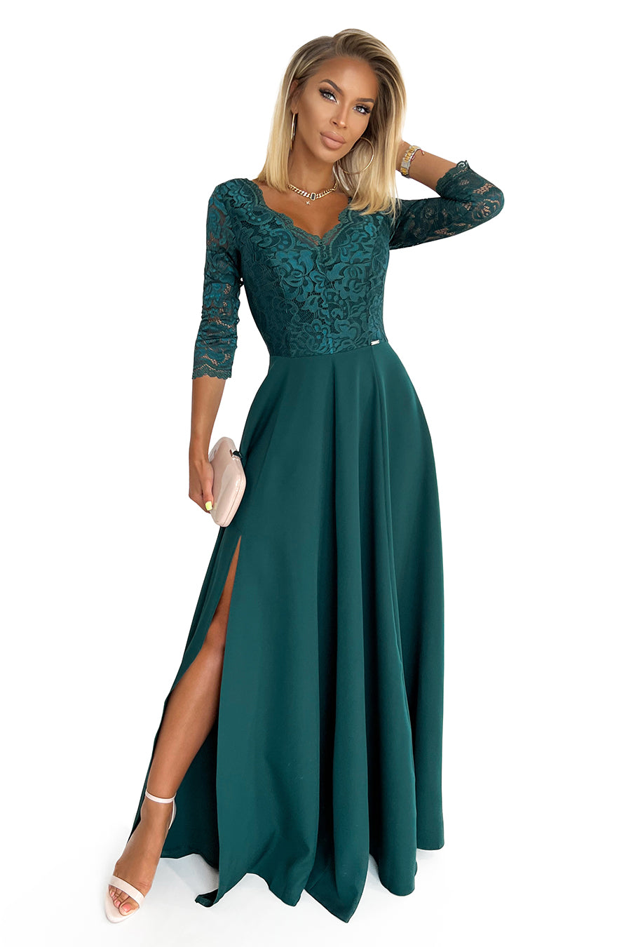 AMBER Elegantes Spitzen-Abendkleid mit Ausschnitt in Grün von Numoco