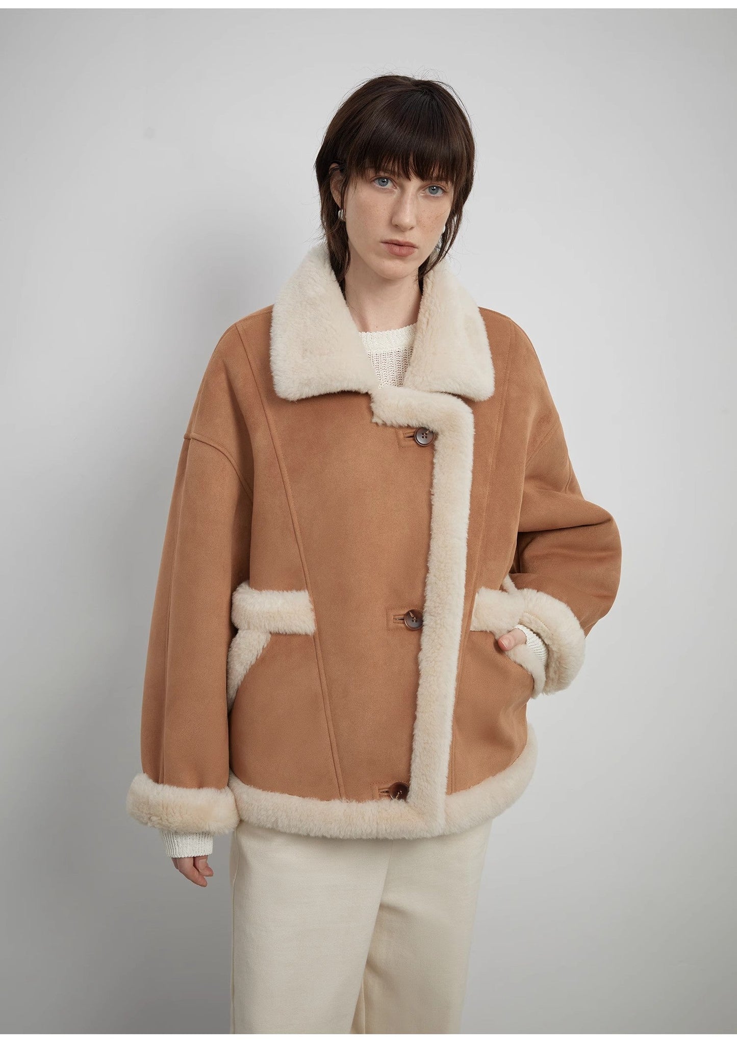 "Shepherds" Revers Biker-Stil Woll-Kunstwildleder Lammfellmantel – Damen