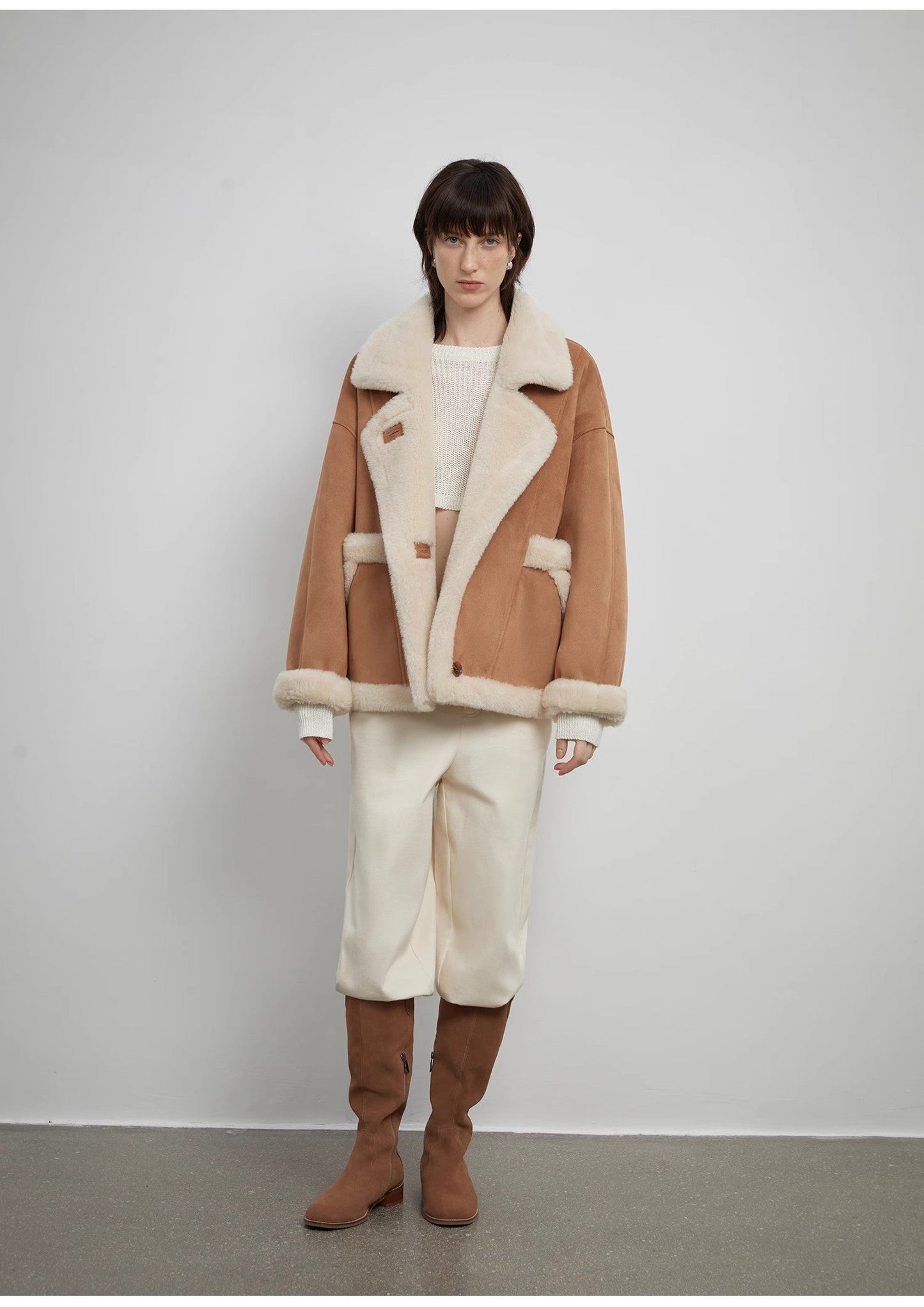 "Shepherds" Revers Biker-Stil Woll-Kunstwildleder Lammfellmantel – Damen