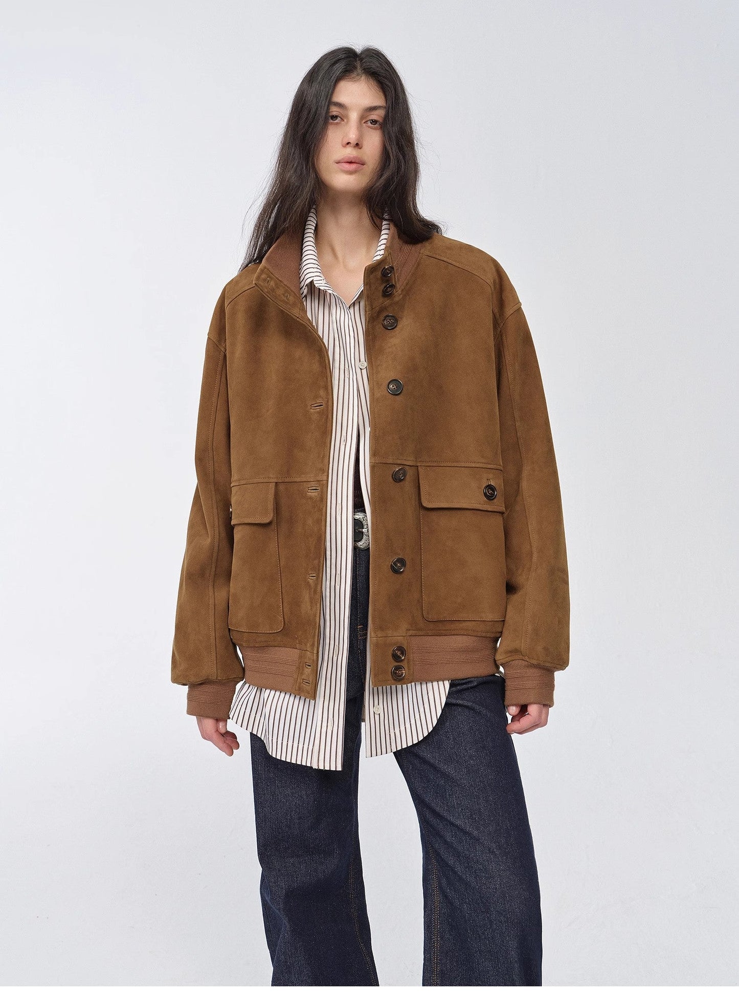 "Spring Whisper" Vintage Wildleder-Schaflederjacke – Importiertes Rippenpatchwork-Design