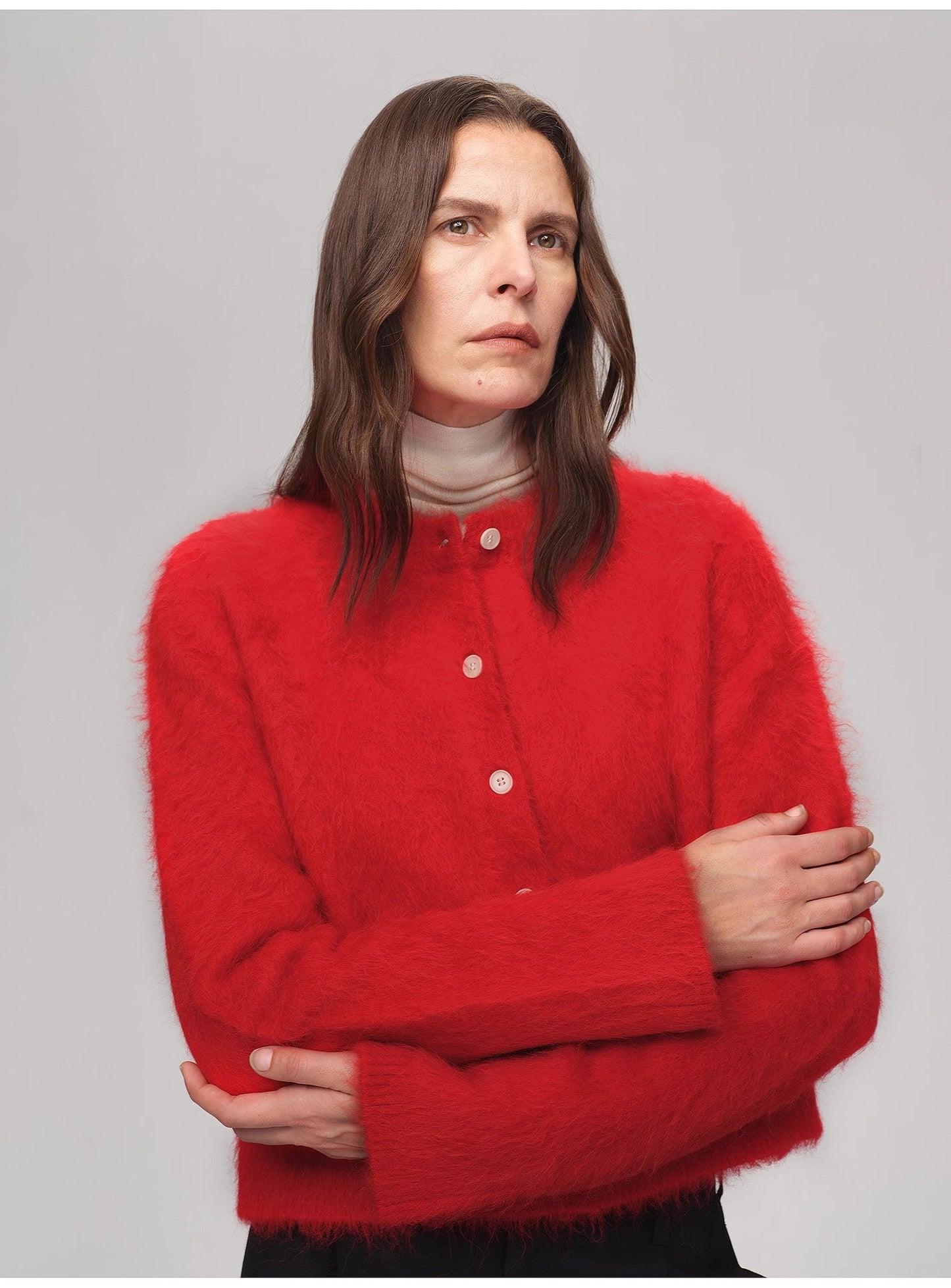 Albaca-Alpaka gebürstete Rundhals-Strickjacke – Kurze Damen-Cardigan