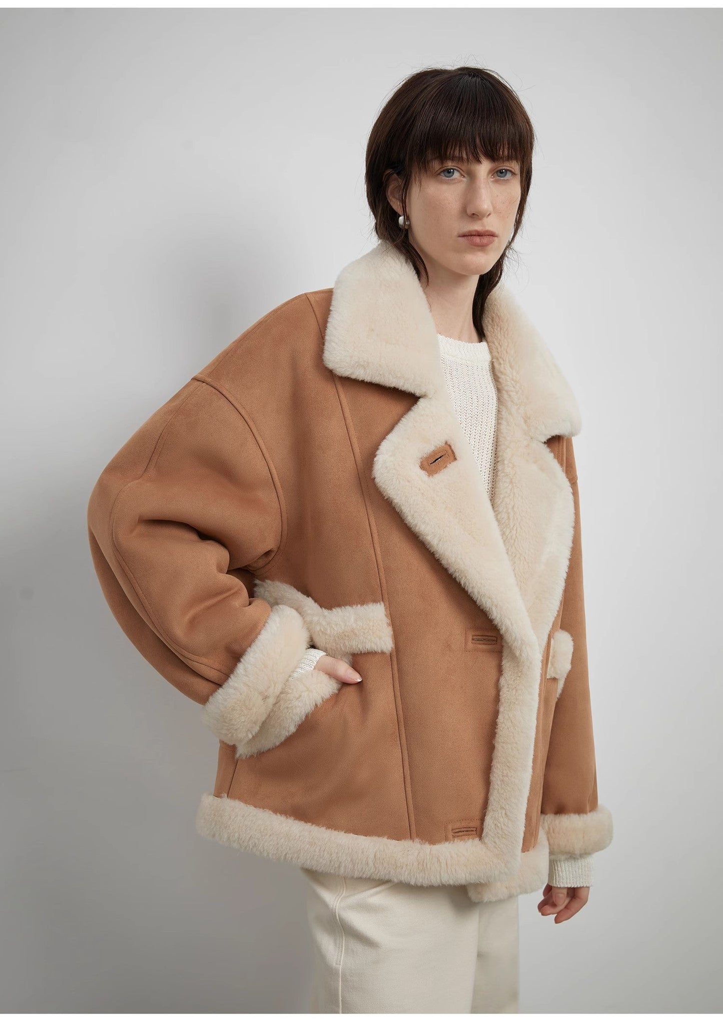 "Shepherds" Revers Biker-Stil Woll-Kunstwildleder Lammfellmantel – Damen