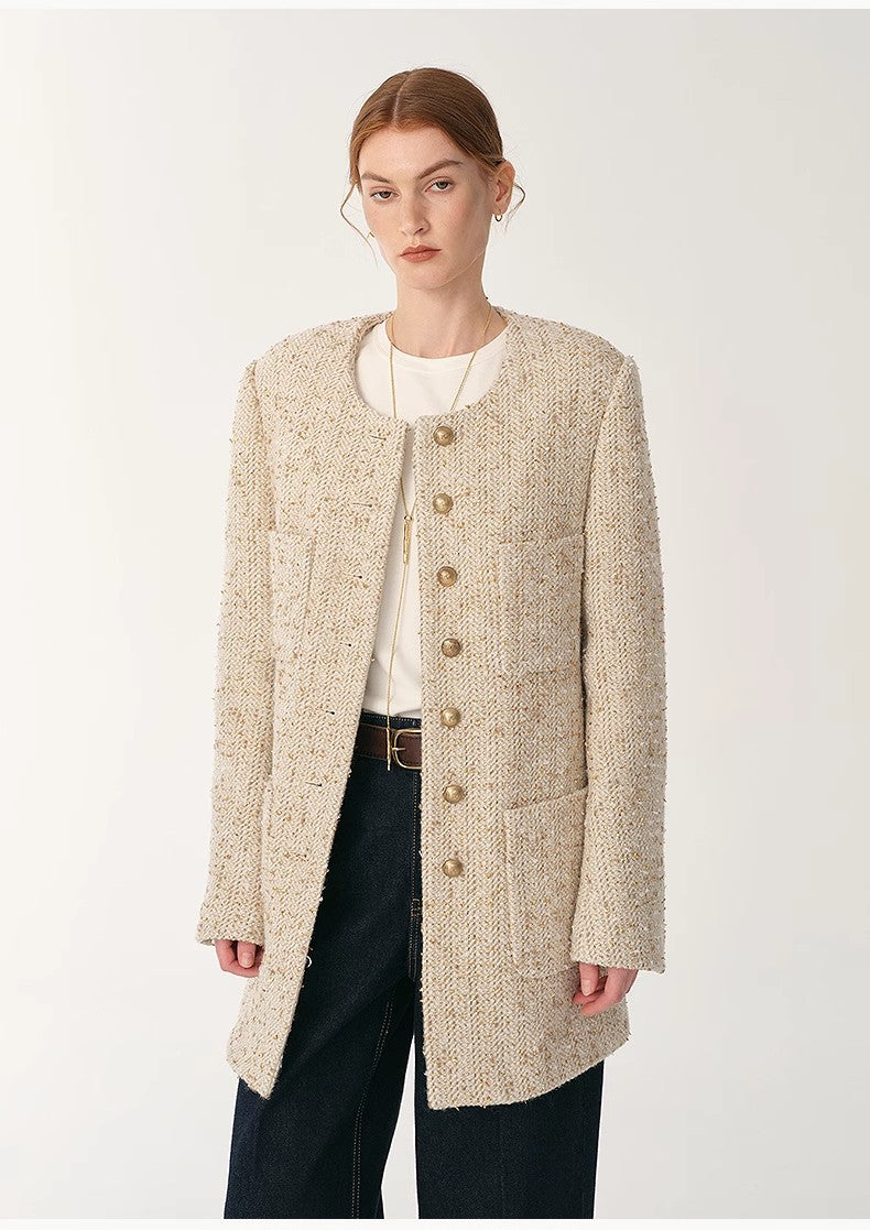 Schicke Woll-Tweed High-End Jacke mit Rundhals – Taillierter Chanel-Stil für Damen