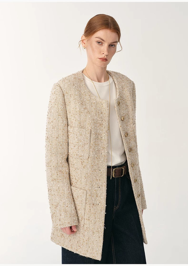 Schicke Woll-Tweed High-End Jacke mit Rundhals – Taillierter Chanel-Stil für Damen