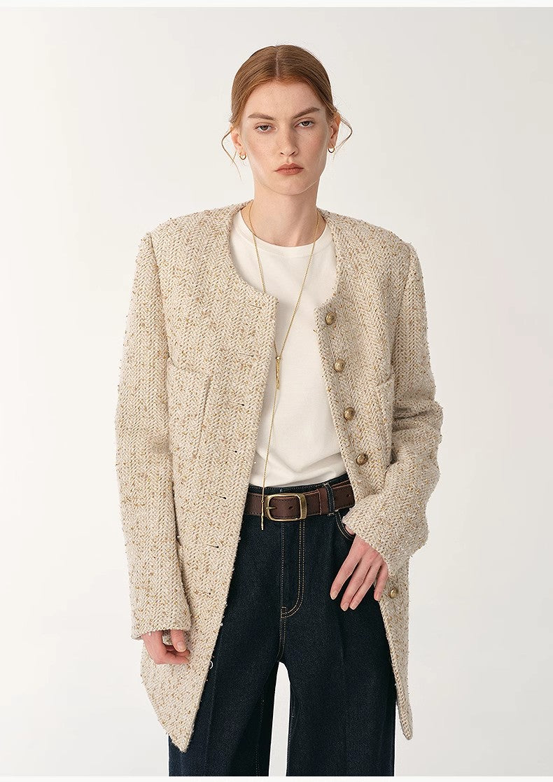 Schicke Woll-Tweed High-End Jacke mit Rundhals – Taillierter Chanel-Stil für Damen