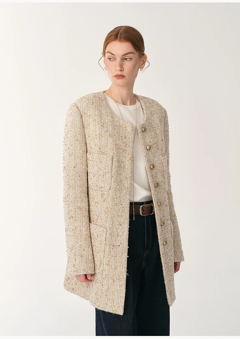 Schicke Woll-Tweed High-End Jacke mit Rundhals – Taillierter Chanel-Stil für Damen