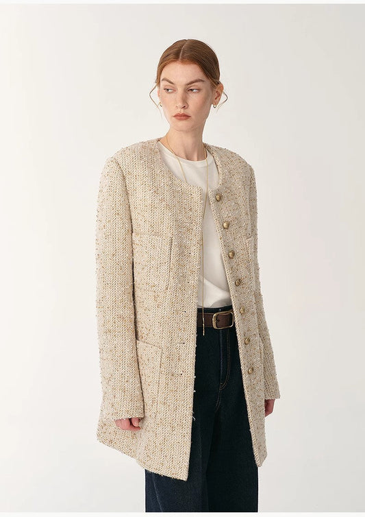 Schicke Woll-Tweed High-End Jacke mit Rundhals – Taillierter Chanel-Stil für Damen