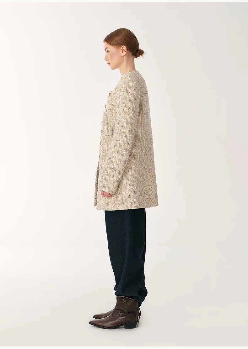 Schicke Woll-Tweed High-End Jacke mit Rundhals – Taillierter Chanel-Stil für Damen