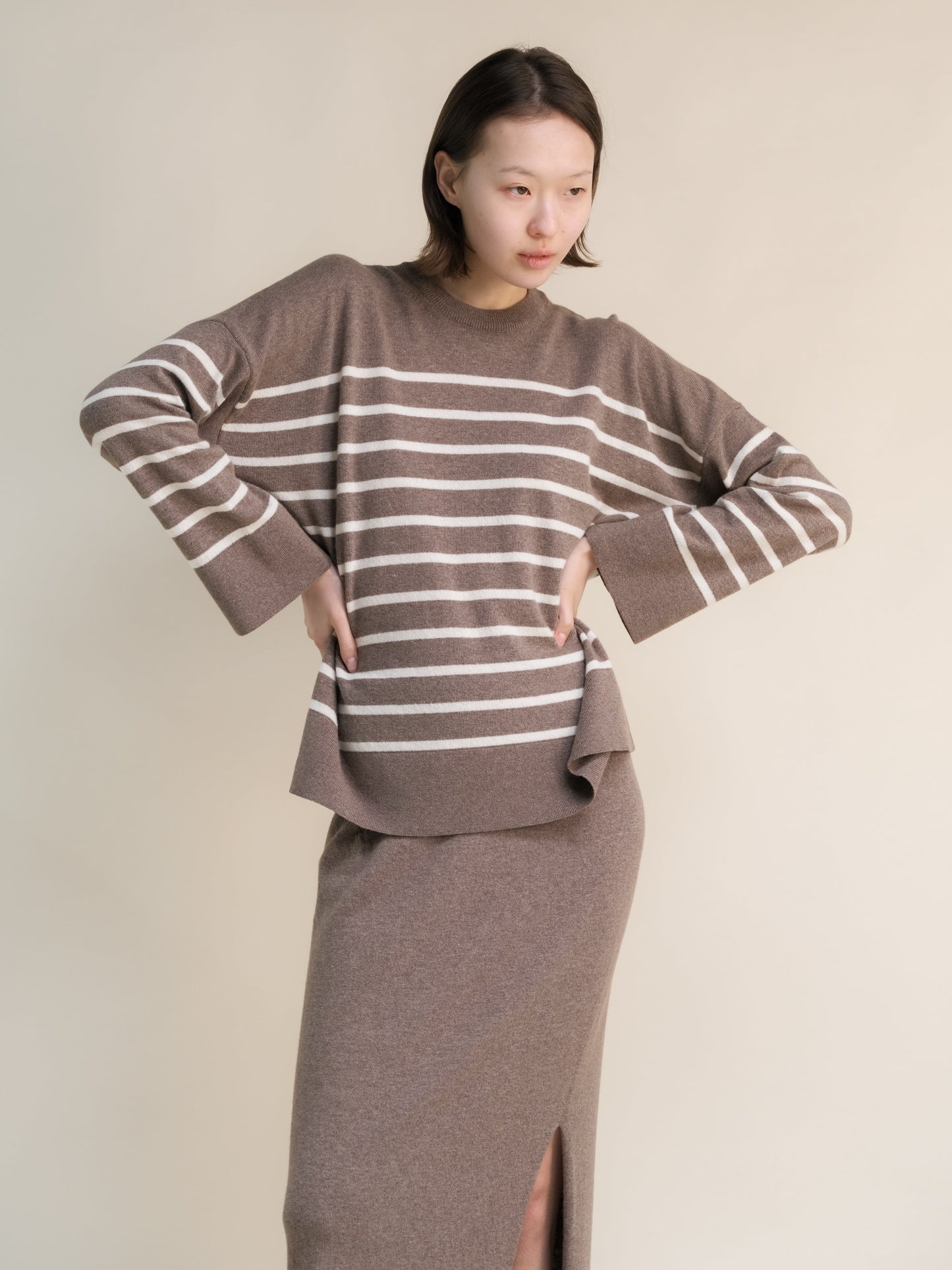 Cashmere Mix Streifenpullover mit Rundhals