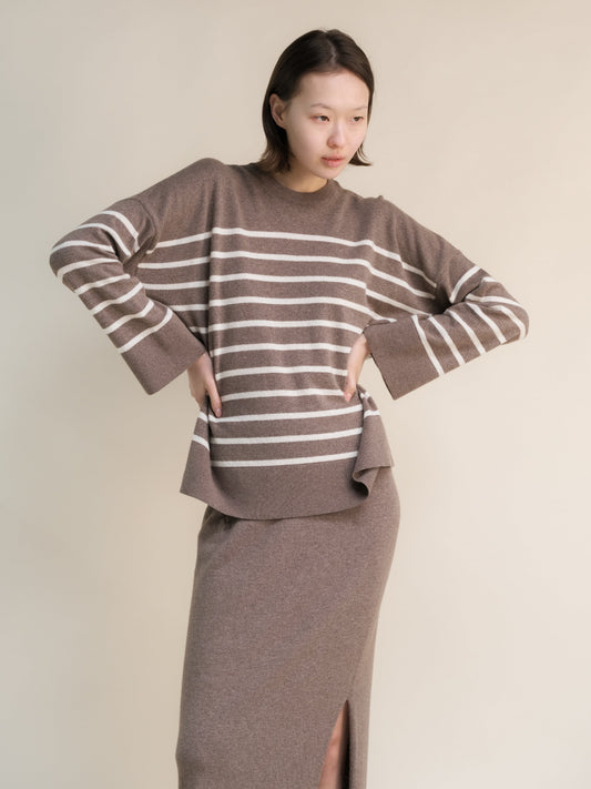 Cashmere Mix Streifenpullover mit Rundhals