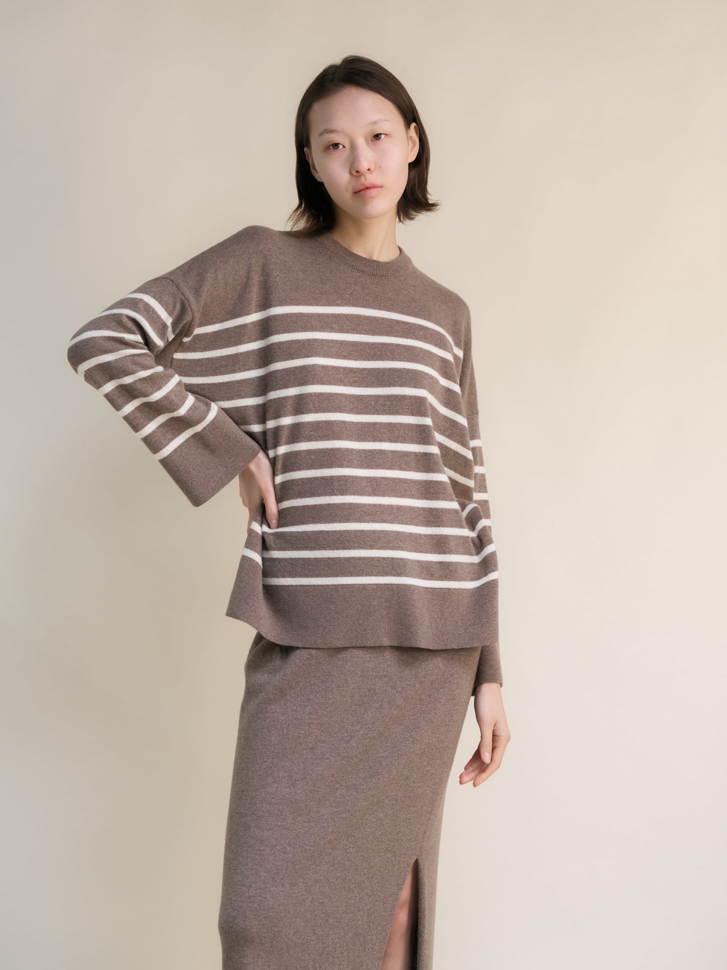 Cashmere Mix Streifenpullover mit Rundhals