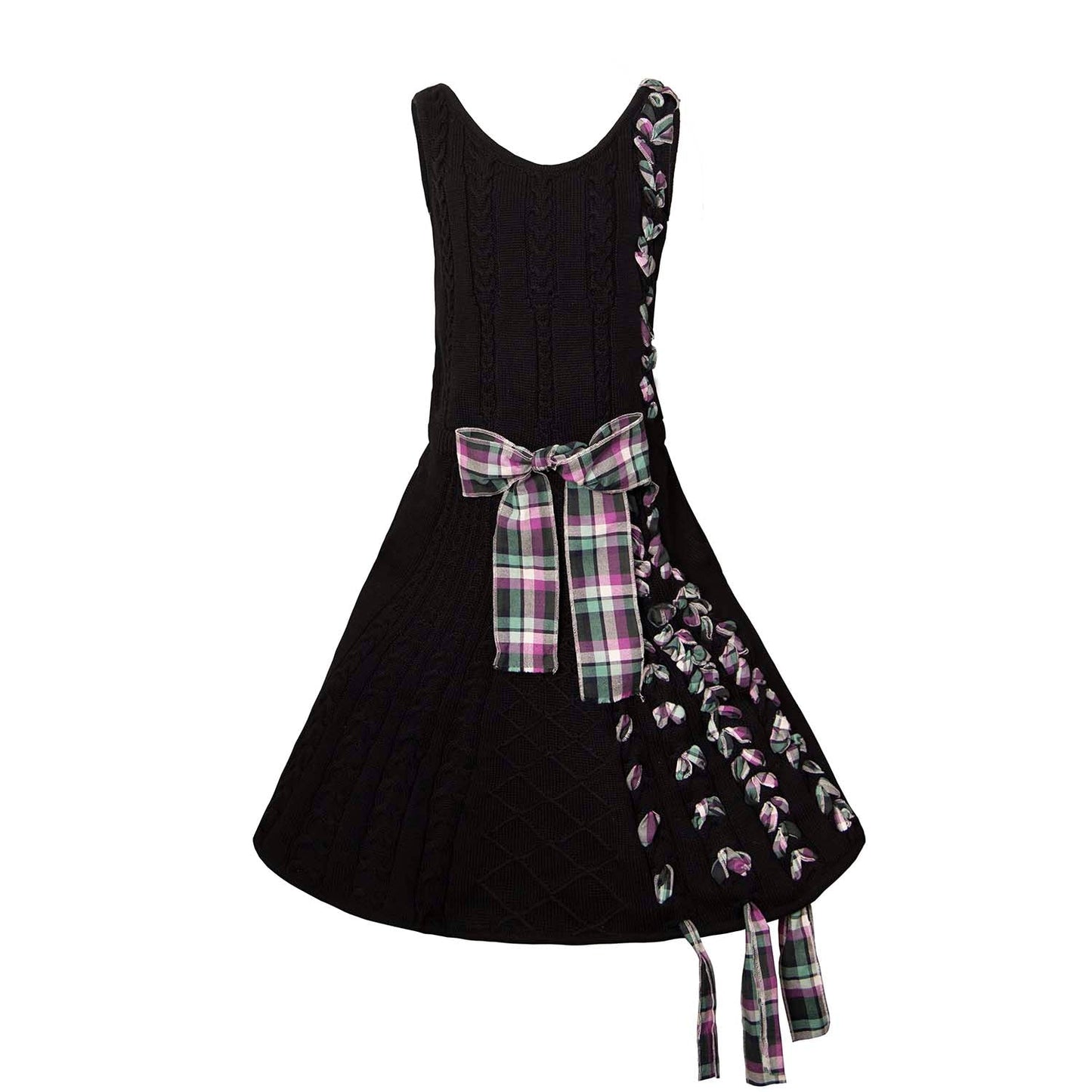 Schwarzes Zopfstrickkleid mit lila Tartan-Details