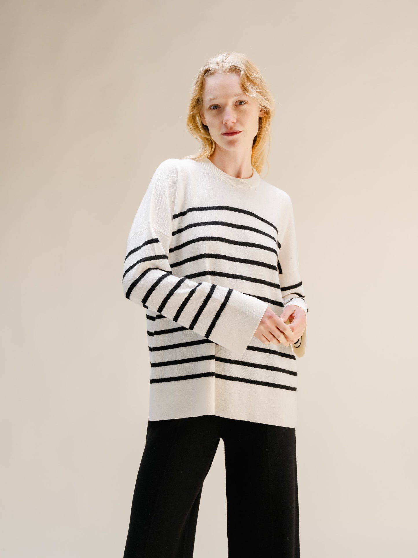 Cashmere Mix Streifenpullover mit Rundhals