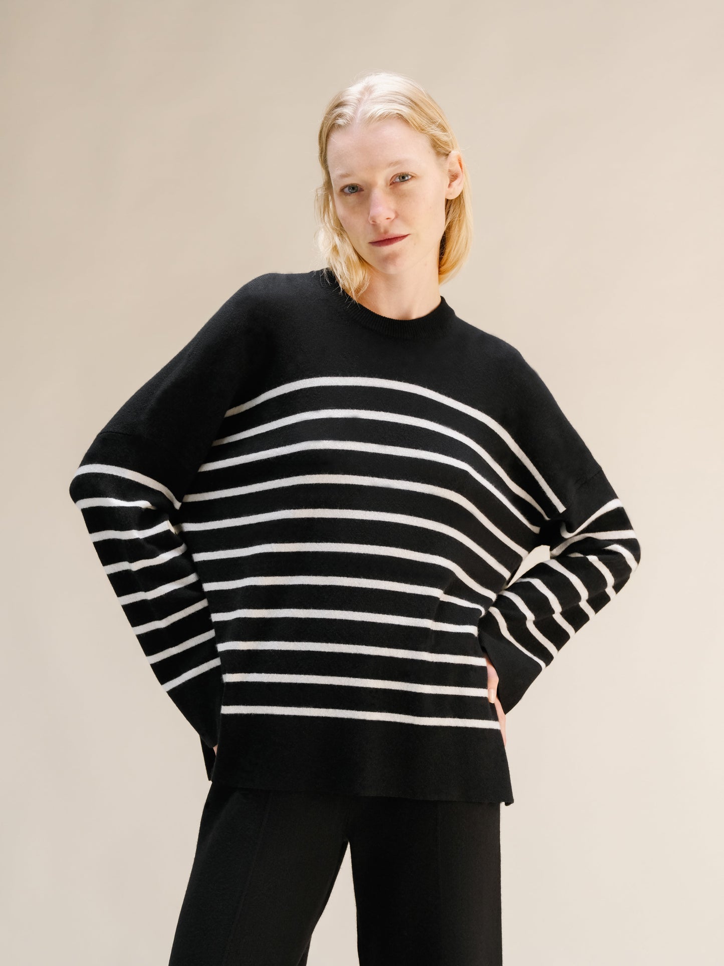 Cashmere Mix Streifenpullover mit Rundhals