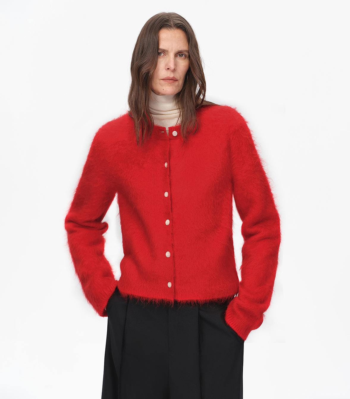 Albaca-Alpaka gebürstete Rundhals-Strickjacke – Kurze Damen-Cardigan