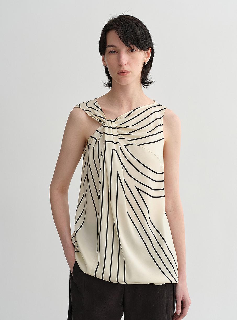 Elastisches Seiden-Top mit geometrischem Print – Ärmelloser Damen-Weste mit Twist-Kragen