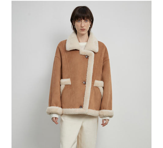 "Shepherds" Revers Biker-Stil Woll-Kunstwildleder Lammfellmantel – Damen