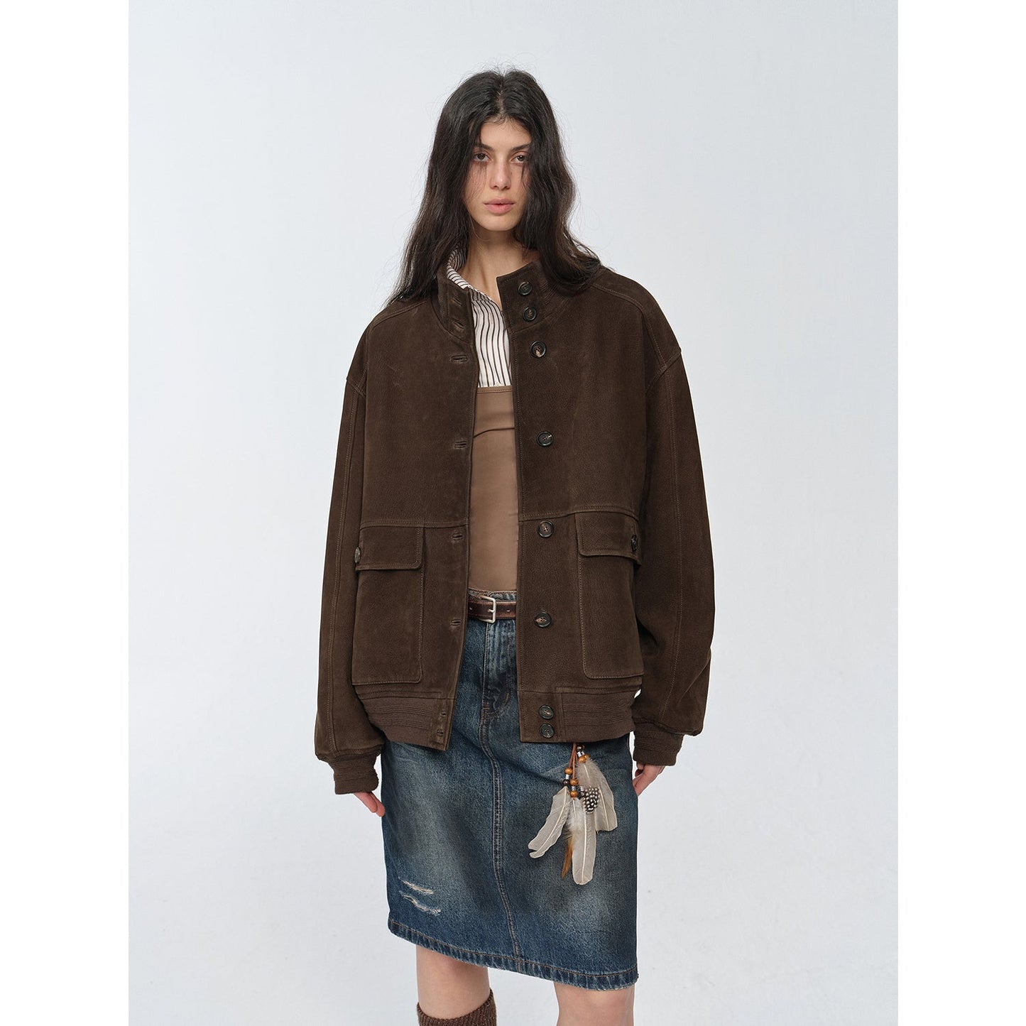 "Spring Whisper" Vintage Wildleder-Schaflederjacke – Importiertes Rippenpatchwork-Design