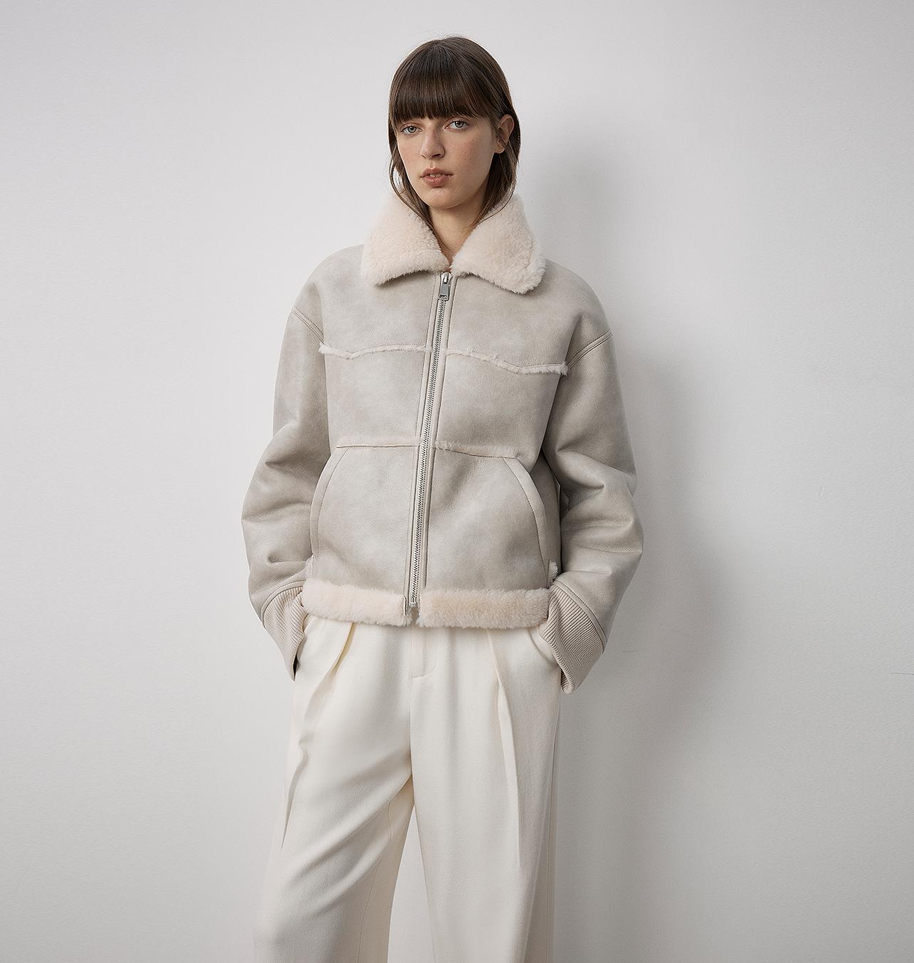 "Makino's Fun" Revers-Woll-Kunstleder-Shearling-Jacke – Kurzer Stil