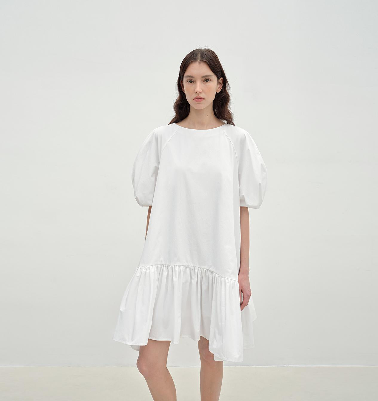 "Ailande" Rundhals-Puffärmel-Kleid – Elegantes Damenkleid aus Langstapelbaumwolle