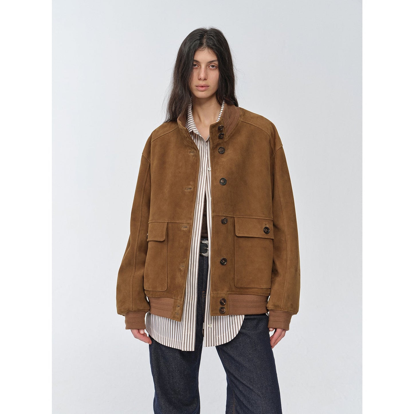 "Spring Whisper" Vintage Wildleder-Schaflederjacke – Importiertes Rippenpatchwork-Design