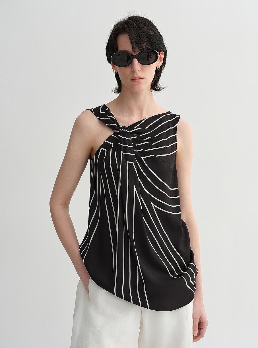 Elastisches Seiden-Top mit geometrischem Print – Ärmelloser Damen-Weste mit Twist-Kragen