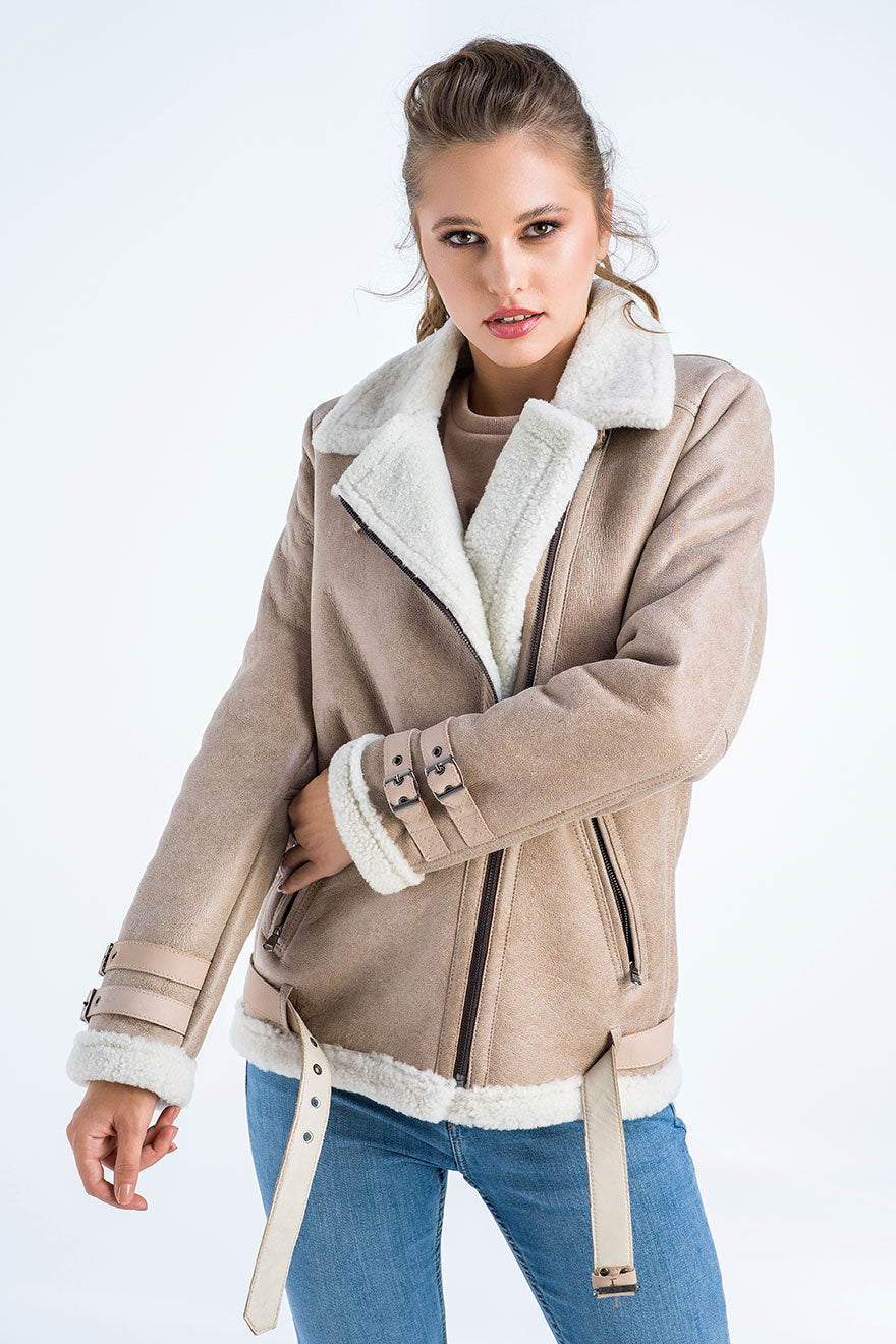 Beige Biker Bomber Lammfelljacke mit cremefarbenem Shearling-Fell
