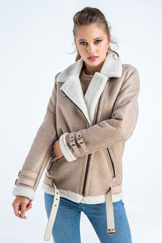 Beige Biker Bomber Lammfelljacke mit cremefarbenem Shearling-Fell