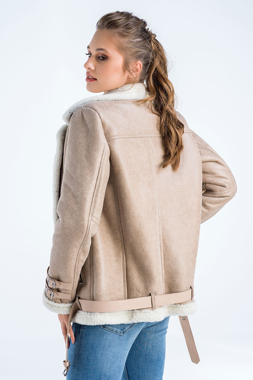 Beige Biker Bomber Lammfelljacke mit cremefarbenem Shearling-Fell