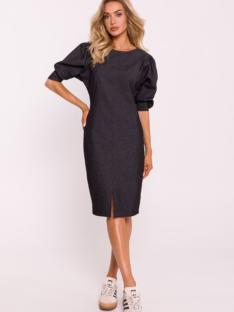 Pencil-Kleid mit Puffschultern und Metallreißverschluss von Moe